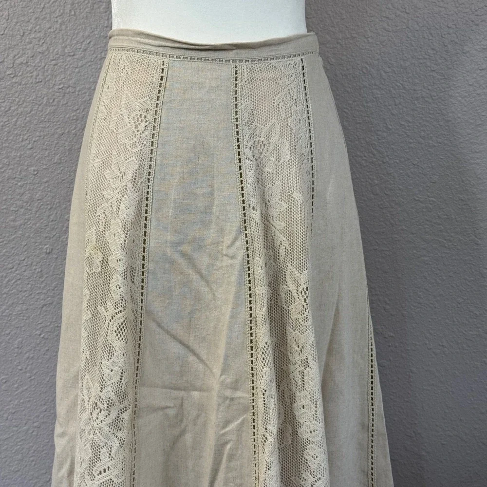 Coldwater Creek Women's Size PS Tan Linen Blend Crochet Lace‎ Panel Maxi Skirt